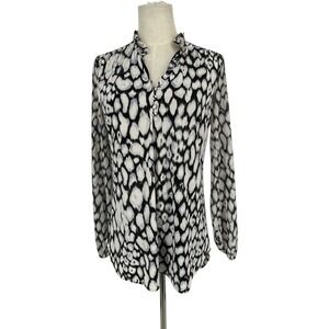White House Black Market Women's Black White Animal Ruffle Collar Blouse Sz‎ S
